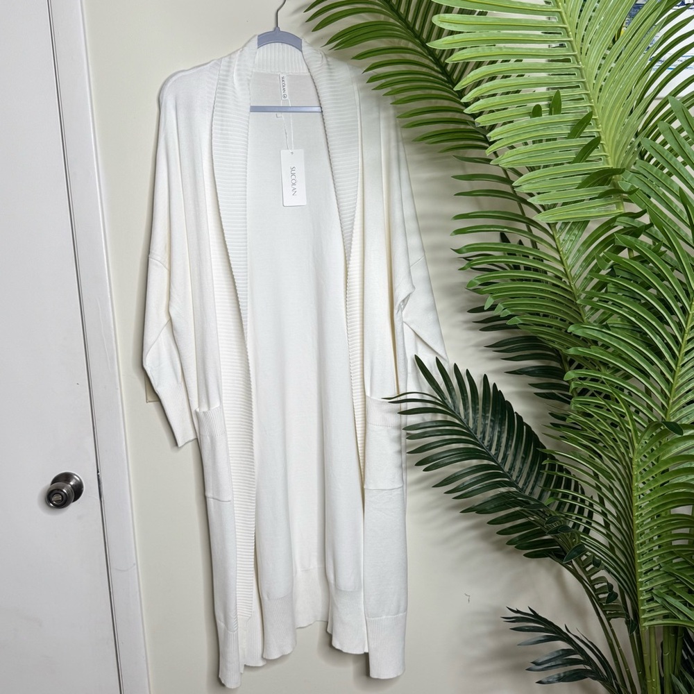 SUCOLAN White Ribbed Knit Oversized Longline Cardigan